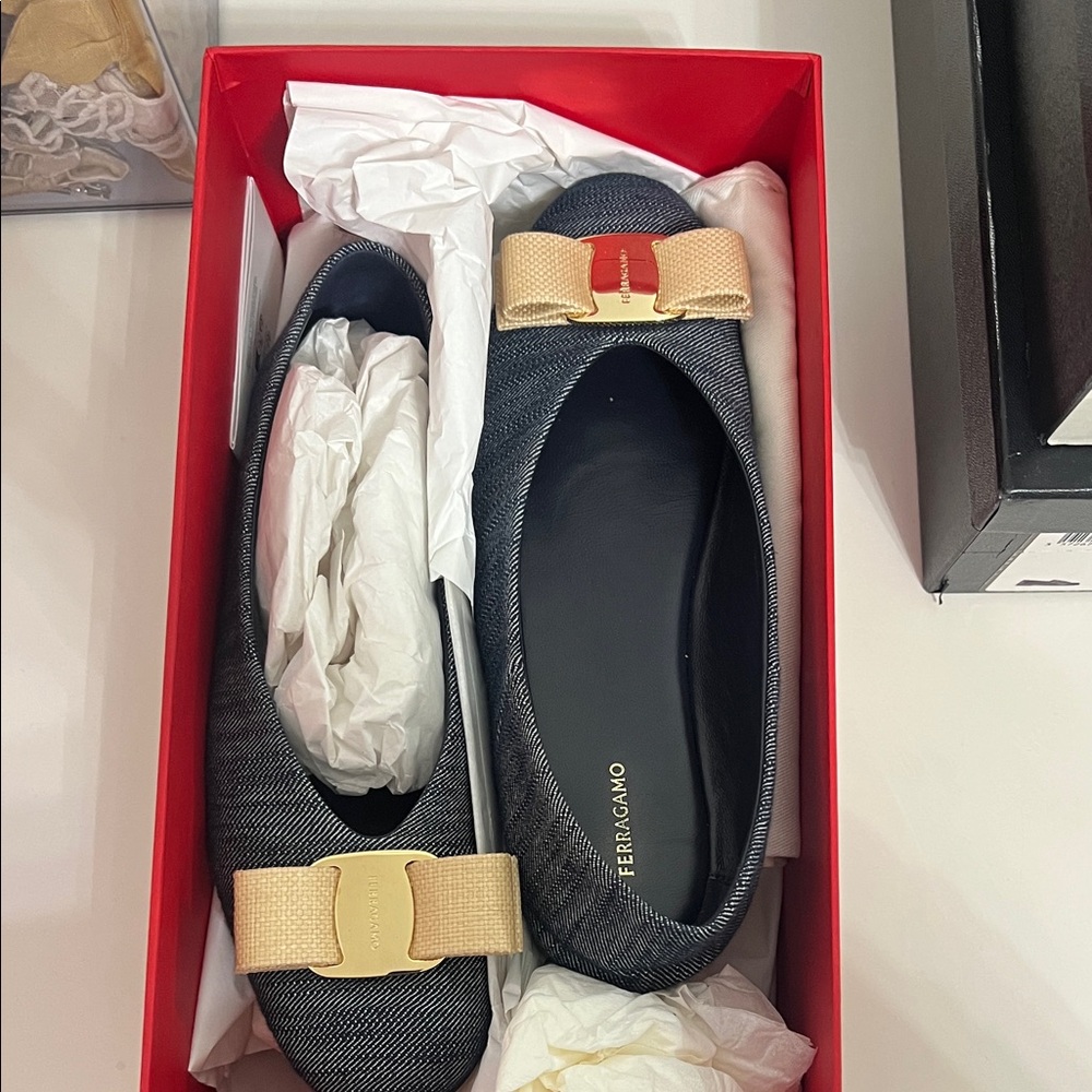 Salvatore Ferragamo Navy Denim Varina Bow Flats with Gold Bow Accent